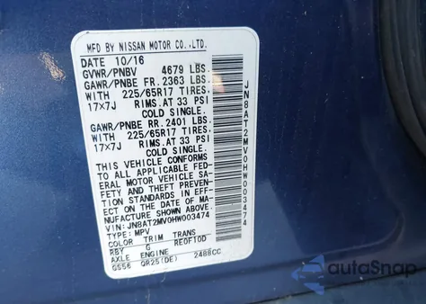 2017 Nissan Rogue S из США, поврежденный, VIN JN8AT2MV0HW003474